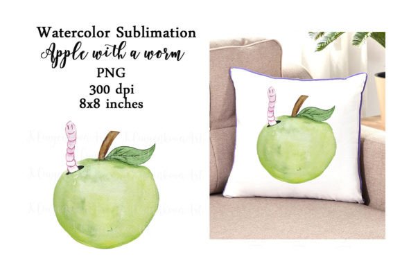 Watercolor Apple with Worm Sublimation Graphics for Print Templates